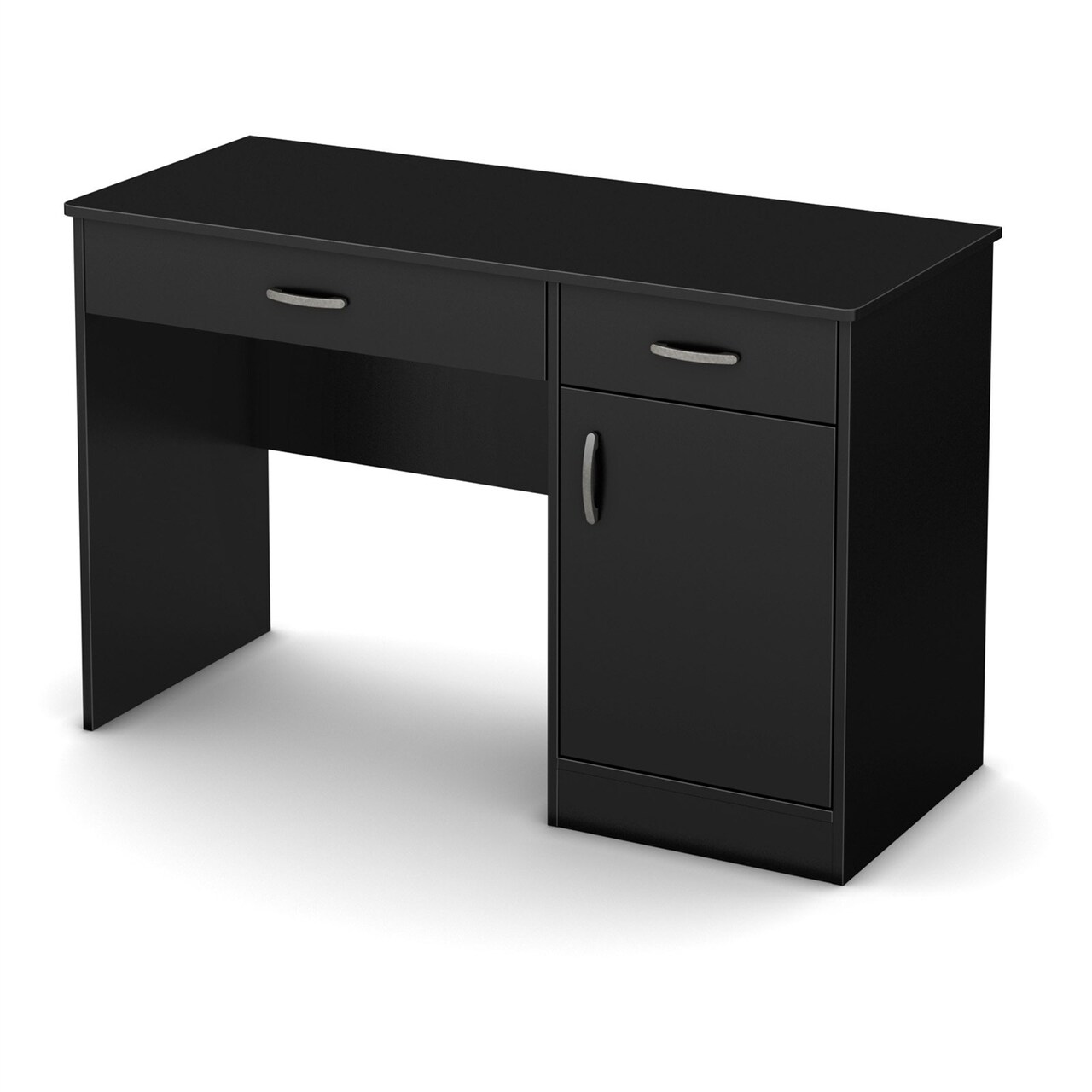 Black Laminate Home Office Desk with 2 Drawers, 1 Cupboard and Wire Management